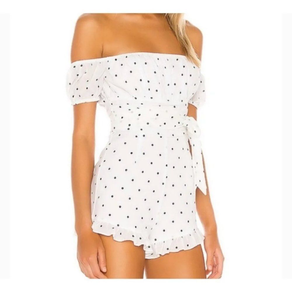 Women Privacy Please Polka Dot Off Shoulder Romper Vacation in White Size Small